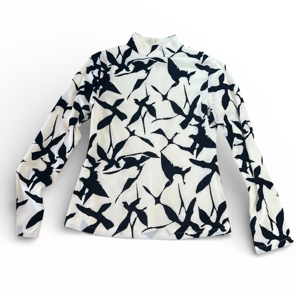 Hidemi Black & White Abstract Bird Print Mock Neck Top – Women’s Small - Picture 1 of 13